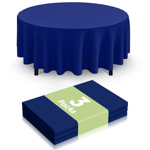 Image of Smiry Disposable Table Cloth 3 Pack, 84 Inch Round Waterproof Plastic Tablecloth, Decorative Round Table Covers for Party, Birthday, Picnic, Navy