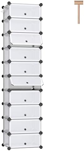 DINMO 10-Tier Shoe Rack with Doors for Entryway, 20 Pairs, Portable Plastic Cubby Shoe Shelves Organizer Unit, DIY Shoe Cabinet, White