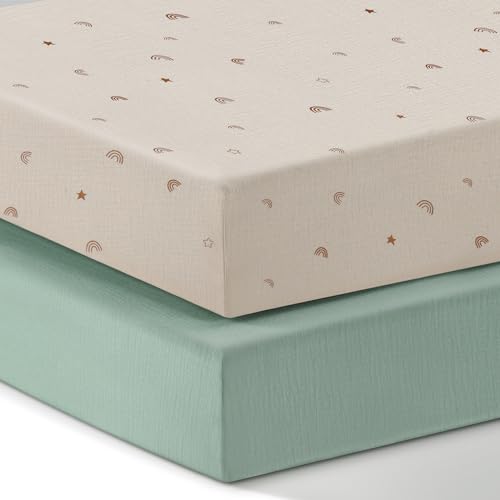 Poikshark ME-BFW Muslin Pack And Play Sheets, 2 Pack Mini Crib Sheets, Stretchy Playard Fitted Sheet cover