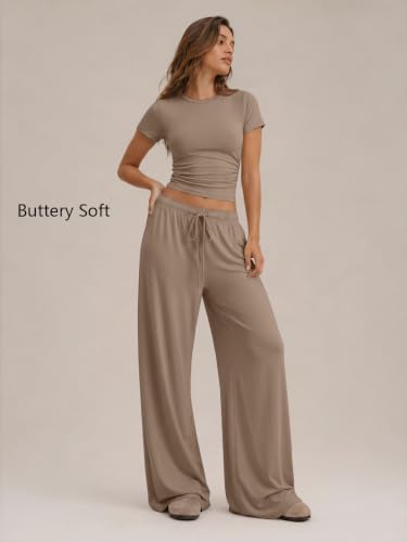 Image of Trendy Queen Women's 2 Piece Matching Summer Lounge Set with Pockets | Vacation Airport Travel Outfits, Workout Gym Clothing Comfy Athleisure Clothes, Side-ruched Top, Drawstring Wide Leg Pants