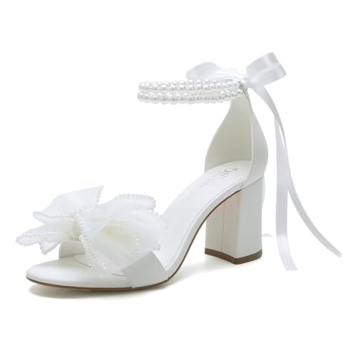 Image of Pearl Wedding Shoes for Bride Block Heel Wedding Sandals Open Toe Bridal Shoes Bow Knot Heeled Sandals