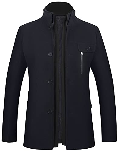 WULFUL Men’s Wool Blend Winter Coat Slim Fit Short Trenchcoat Warm Business Jacket with Detachable Soft Wool Scarf