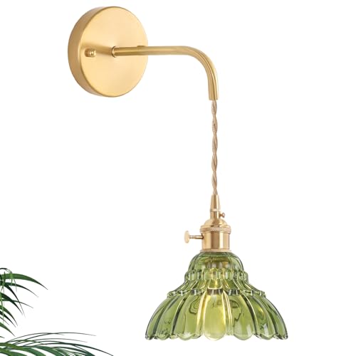 Image of Shenmoyl Vintage Wall Sconce with Green Lily of the Valley Shade Pattern Glass Adjustable Chain Retro Gold Wall Mounted Light, Modern Wall Lamp Fixtures Decor for Bedside Bedroom Indoor Doorway
