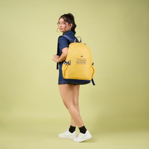 Image of Tommy Hilfiger Student School Bag & University Backpack Coral - Yellow+Navy | Durable Water-Resistant Polyester with Premium Embroidery | Multi-Utility Organiser & Rain Cover | 33L Capacity