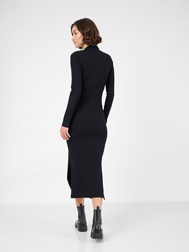 Image of Sassafras Women Bottle Rib High Neck Front Zipper Bodycon Midi Dress