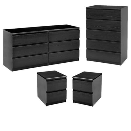 Home Square 4-Piece Modern Wood Bedroom Furniture Set with 6-Drawer Double Dresser & 5-Drawer Chest & 2 Nightstands, Handle-Free, Metal Glides, Scandinavian Design, in Black Woodgrain Finish