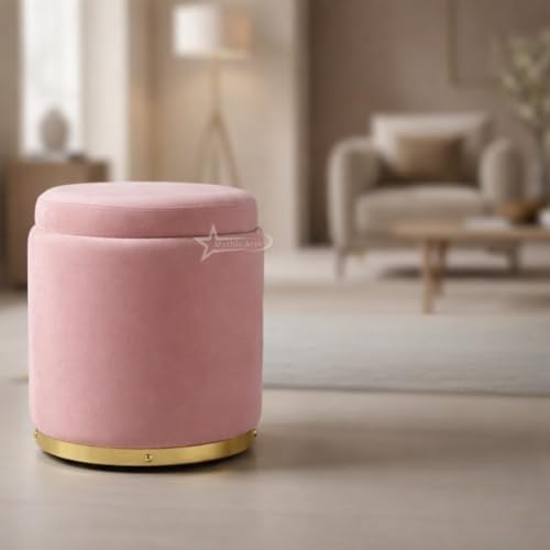 Image of Velvet Round Single Strip Ottoman Office Stool Foot Rest Stool Velvet Fabric Padded Seat Pouf Ottoman 16 X 16X 19 inch, in Round Shape for Living Room Pink