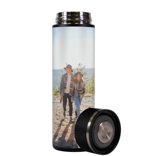 Personalisierte Thermosflasche von Dottie Bottle - Trinkflasche 'Lotty' mit eigenem Motiv bedrucken - Schwarze, auslaufsichere Trinkflasche aus Edelstahl