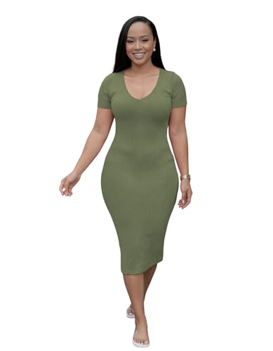 Image of TOPSRANI Women Sexy Midi Dress Bodycon Casual Sleeveless Basic Ruched Tank Summer Club Party Dresses