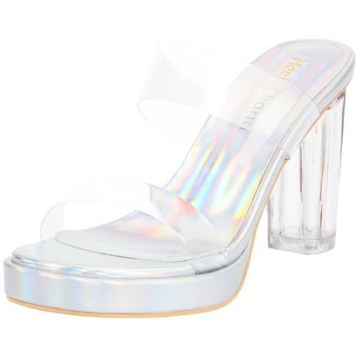 Heels Charm Women's Platform Heels Clear Chunky Block Heeled Sandals Open Toe Two Strap Slip On Block High Heel Sandal Dress Dancing Sandals Daily Work Party Shoes Silver Size 9