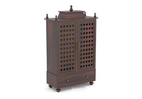 Image of Solid Sheesham Wood Temple for Home & Office /Mandir /God Stand /Pooja Stand /Home Mandap /Mandapam with Cabinet Doors & Multiple Storage (Walnut-1, Large)