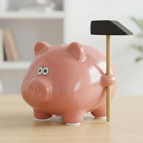 MIJOMA Tirelire cochon avec marteau en céramique - 11 x 9 cm - Avec bouchon - Jolie tirelire en dolomite - Idée cadeau pour enfants et adultes