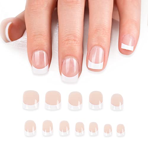 GEBETTER 24Pcs Uñas Postizas Cortas Francesas Blancas 10 Tamaños + Pegamento Gelatina, Uñas Press On Nails Nude, Uñas Falsas Naturales, Manicura Cobertura Completa Mujer Arte Uñas DIY