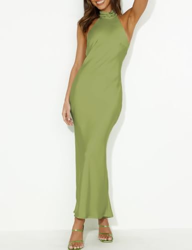 Image of Women Summer Satin Halter Neck Backless Formal Wedding Guest Maxi Dress