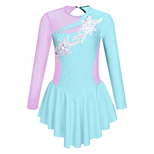 dPois Vestido Patinaje Artistico Niña Maillot Ballet Manga Larga Traje de Danza Princesa de Encaje Maillot Gimnasia Leotardo con Falda Disfraz Bailarina 5-14 Años Azul Claro J 7-8 años