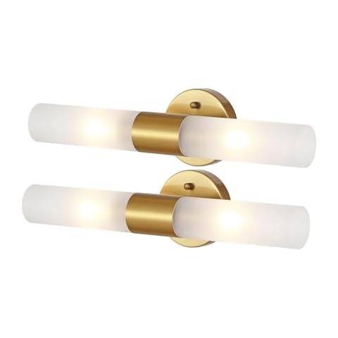 BAODEN Gold Bathroom Vanity Light Fixtures 2 Pack Modern Cylinder Wall Sconce Frosted White Acrylic Glass Shade 2-Lights Mid Century Wall Light for Mirror Living Room Cover