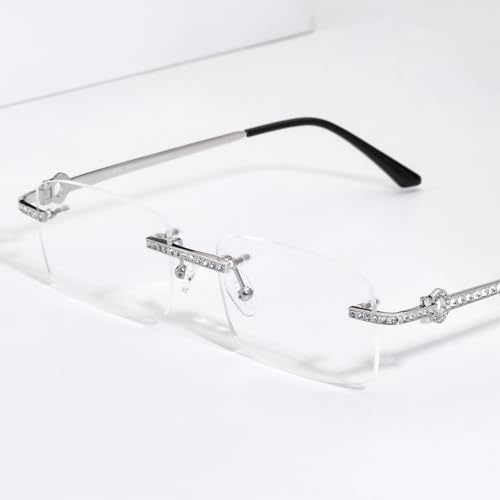 Image of HEPIDEM Vintage Style Rectangular Rimless Metal Eyeglasses for Men,New Frameless Zircon Diamonds Optical Glasses Frame