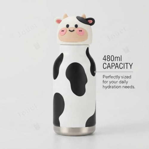 Image of JOUET 450ml Stainless Steel Kids Water Bottle with Cute Cow Character Lid, Leakproof Drinking Bottle for School, Travel, Sports & Everyday Use