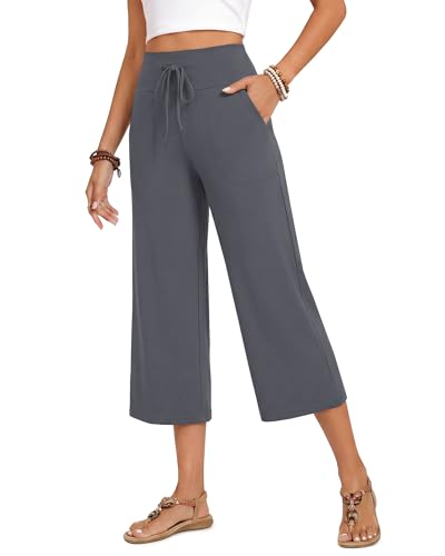 Image of ZOOSIXX Capri Pants for Women - Wide Leg Loose Casual Trousers with Pockets Summer High Waisted Drawstring Pants