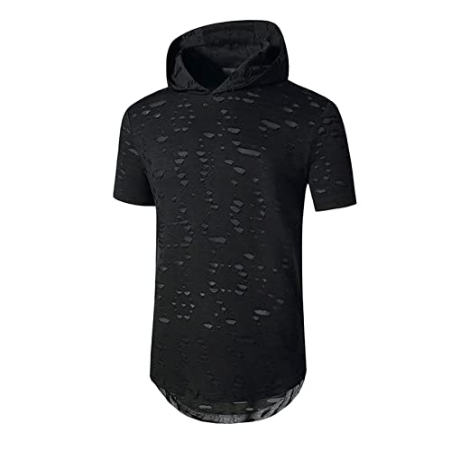 Men's Ripped Hoodies T-Shirt Hipster Short Sleeve Solid Color Tee Shirts Summer Fashion Workout Top Gothic Punk Tops Black #TOP1