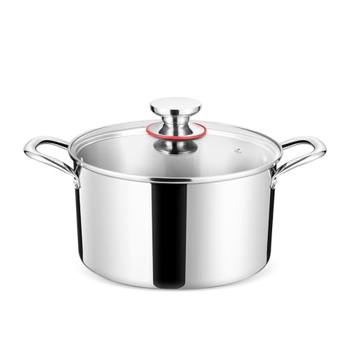 HaWare 5 Quart Stock Pot, 18/10 Tri-Ply Stainless Steel Stockpot with Tempered Glass Lid, Heavy Duty Cooking Pot for Pasta Soup Stewing, Induction Gas Electric Stoves, Dishwasher Safe