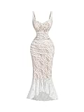 GORGLITTER Women's Lace Bodycon Fishtail Midi Dress Graduation Prom Wedding Guest Y2K Ruched Asymmetrical Summer Dress White Small