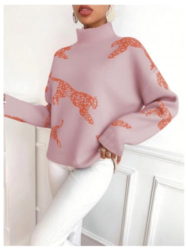 Image of WDIRARA Women's Leopard Tiger Print Sweater High Neck Long Sleeve Fuzzy Knitted Pullover Top