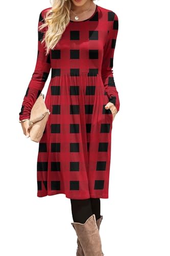 Image of DB MOON Women Casual Long Sleeve Dresses Empire Waist Knee Length Loose Dress with Pockets