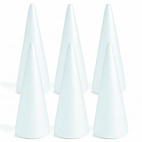 Fun Express Large White Foam Cones 12 Inch - Premium Styrofoam Craft Foam Shapes for DIY Christmas Trees Centerpieces & Decorations | Set of 6 Polystyrene Cones for Arts and Crafts Projects