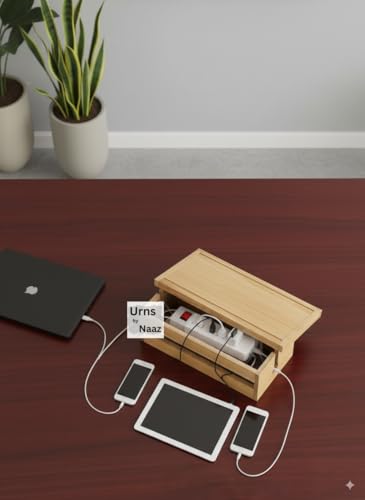 Image of Wooden Cable Management Box - Cord Organizer for Desk, Power Strip & Charger Storage - Wire Concealer Box for Home Office, Extension Board Holder, Wooden Desk Organizer (Beige)