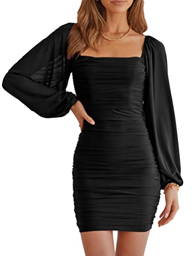 Image of MASCOMODA Women Elegant Square Neck Lantern Long Sleeve Mini Ruched Bodycon Dress Stretch Mesh Slim Party Cocktail Dresses