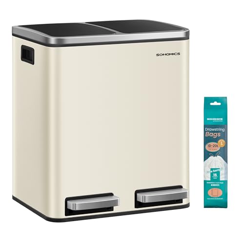 SONGMICS Mülleimer Küche, 2 x 15 Liter, Mülltrennsystem 2 Fächer, inklusive 15 Müllbeutel, Abfalleimer, Treteimer, recycelbare Abfälle, Biomüll, Softclose-Deckel, sandbeige-tintenschwarz LTB30A02