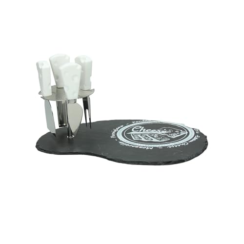 Set mit 5 Schneidebrettern und 4 Käsemessern – Set zum Präsentieren und Schneiden von Käse mit Schneidebrett und Klingen, Schneidebrett aus Naturstein und Stahlmessern