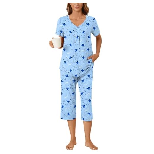 Bestbee Conjunto de pijama feminino, 2 peças, roupa de dormir de verão, gola V, manga curta, calça capri com bolsos, pijama feminino, Planeta da lua - azul, 3G