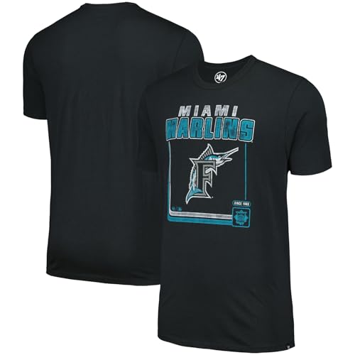 47 Brand MLB Men's Borderline Franklin Cooperstown Team Color Wordmark Primary Logo Short Sleeve Baseball T-Shirt - Miami Marlins - Black - Large