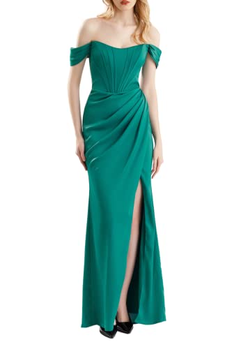 Nait Quiin Damen Off Shoulder Split Oberschenkel Korsett Kleider, 2023 Lange Satin Ballkleid Kleider, Ballkleider und Brautjungfernkleider, Smaragd,...