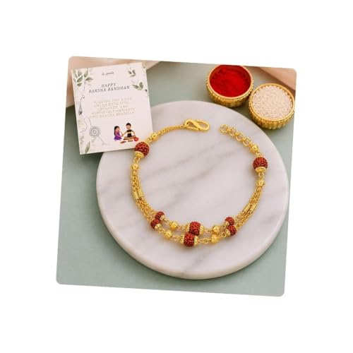 Image of I Jewels Gold Plated Rudraksha Bracelet Rakhi with Roli Chawal & Rakshabandhan Card for Brother /Bhai /Bro /Men