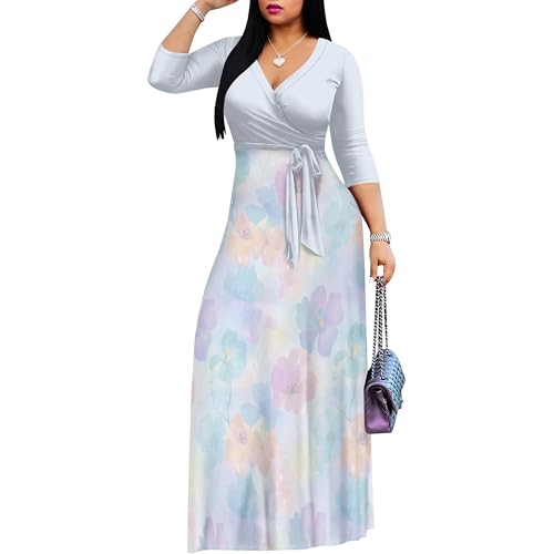 Image of PinkPatty Plus Size Maxi Dress for Women Casual V Neck 3 /4 Sleeve Boho Printed Long Dress with Pockets