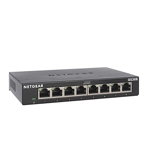 NETGEAR Switch 8 puertos Gigabit Unmanaged GS308, Switch Ethernet doméstico, switch de oficina, plug-and-play, carcassa metálica, montaje sobremesa/pared, Color Negro Cover