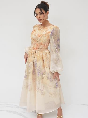 CIDER Floral Dress Long Sleeve Maxi Dress Women Crew Neck Mid Waist Pleated Elegant Party Vacation Dresses4