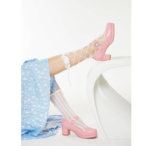 Image of femflame Women's Low Chunky Heel Mary Jane Pumps Ankle Buckle Strap Sweet Round Toe Dress Shoes JK Cosplay Uniform Dress Shoes