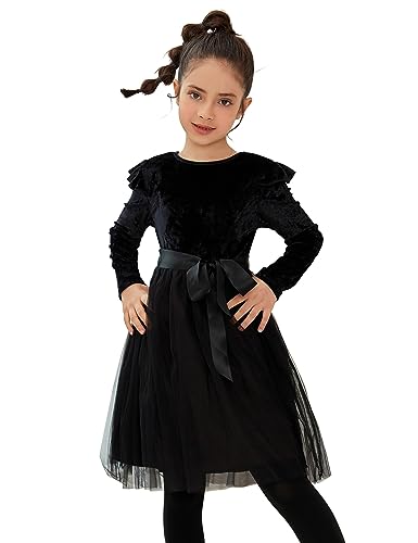 Jxstar Girls Velvet Dress Flutter Kids Long Sleeve Tutu Shiny Midi Party Wedding Fall Tulle Clothes
