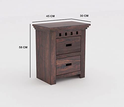 Image of WOODLAB Solid Sheesham Wood Bedside End Table with 2 Drawer Storage for Bedroom Wooden Nightstand Table Home Office (Kuber Walnut Finish)