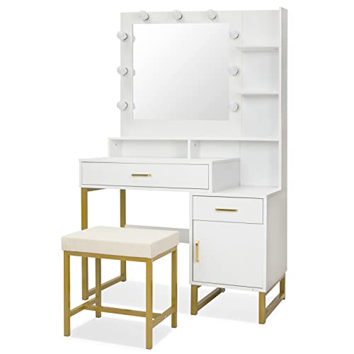 Tolead Vanity Set With Lighted Mirror& Stool, Elegant Makeup Vanity Dressing Table With 9 Led Lights And 2 Drawers & Storage Shelves And Cabinet For Women Girls ,Makeup Desk For Bedroom, White&Gold #TOP7