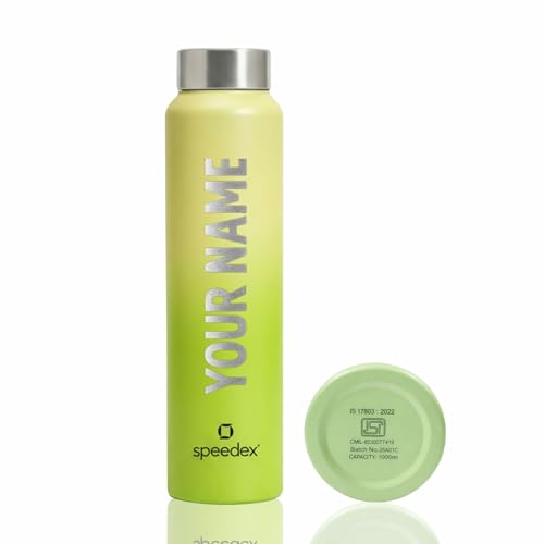 Image of Speedex Customised Engraved Name Stainless Steel Water Bottle 1 Ltr - Personalised Screw Cap Bottle for Kids, Men & Women, School, Office, Gym, Lime Green, Set of 1