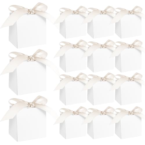 48 Pack White Favour Boxes Mini Gift Bag Party Gift Boxes for Wedding Baby Shower(White Ribbons)