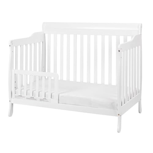 Image of Pemberly Row 4-in-1 Convertible Crib, 55 inch W x 34 inch D x 42 inch H, Solid New Zealand Pine Wood, White Finish, Includes Toddler Guardrail, Adjustable Mattress Support, Eco-Friendly Baby and Kids Room