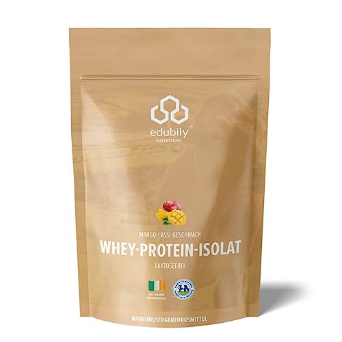 edubily nutrition® Whey Protein Isolat aus irischer Weidehaltung • Sehr gut lösliches Eiweißpulver ohne Kohlenhydrate & Zucker • Laktosefrei • 750 g (Mango-Lassi)…