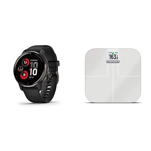 Garmin Venu 2 Plus, GPS Smartwatch with Call and Text, Advanced Health Monitoring and Fitness Features, Slate with Black Band & Index S2, Smart Scale with Wireless Connectivity, White (010-02294-03)