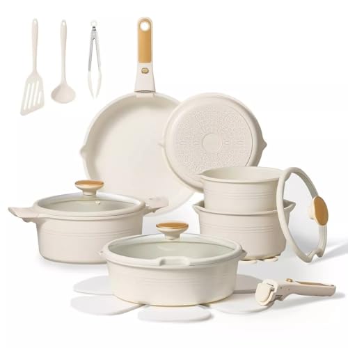 Carote 24-Piece Nonstick Cookware Set with Detachable Handle, Stackable Pots & Pans, PFOA-Free Aluminum Healthy Cooking Set with Pour Spouts, All Kitchen Stovetop Compatible, Dishwasher Safe (White)